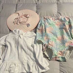 RuffleButts Baby Swimsuit Set with Hat. Cover up Gerber. *** NEVER WORN) size 2T